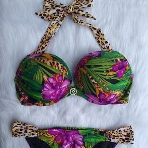 Victoria's Secret Bombshell Bikini~34D Top/M Bottom~Lush Tropical Floral Leopard